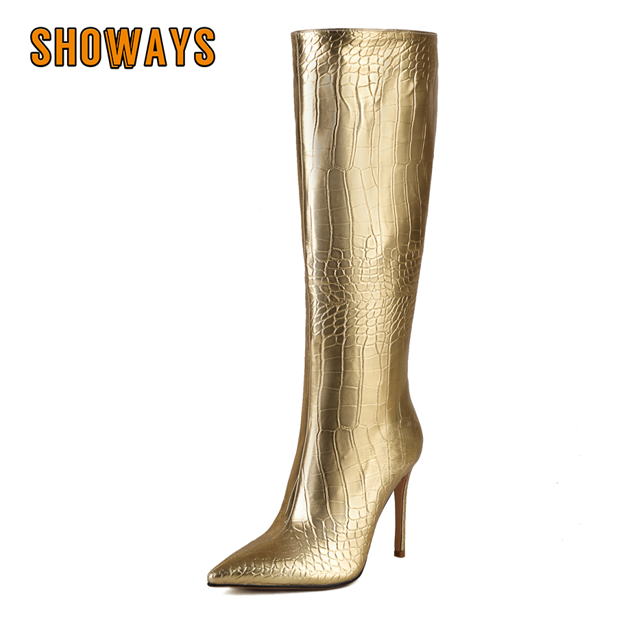 Riding Boot Short - Parlak Gümüş Altın Kadın Diz Yüksek